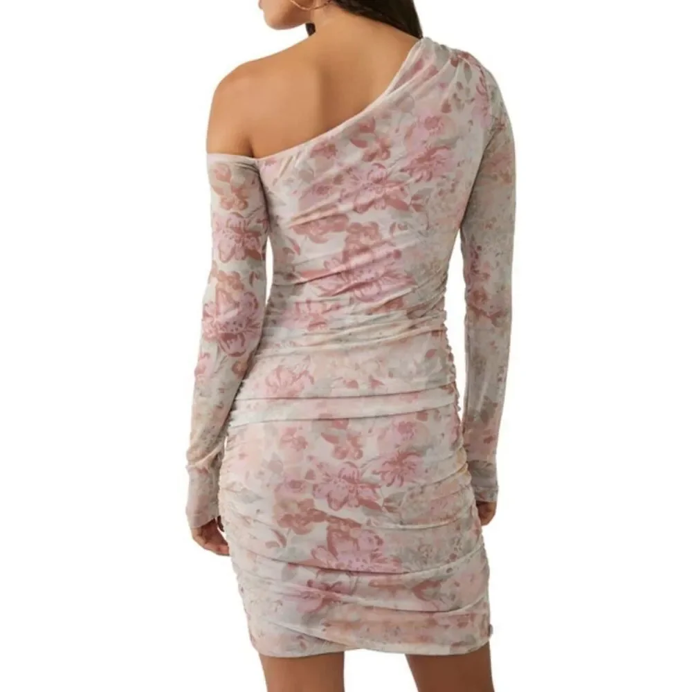 Free People Womens Chloe One Shoulder Ruched Bodycon Dress Multicolor Small NWT‎